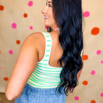 Striped Seamless Ribbed Bodysuit - Cream Apple Green - Lace and Grace Boutique