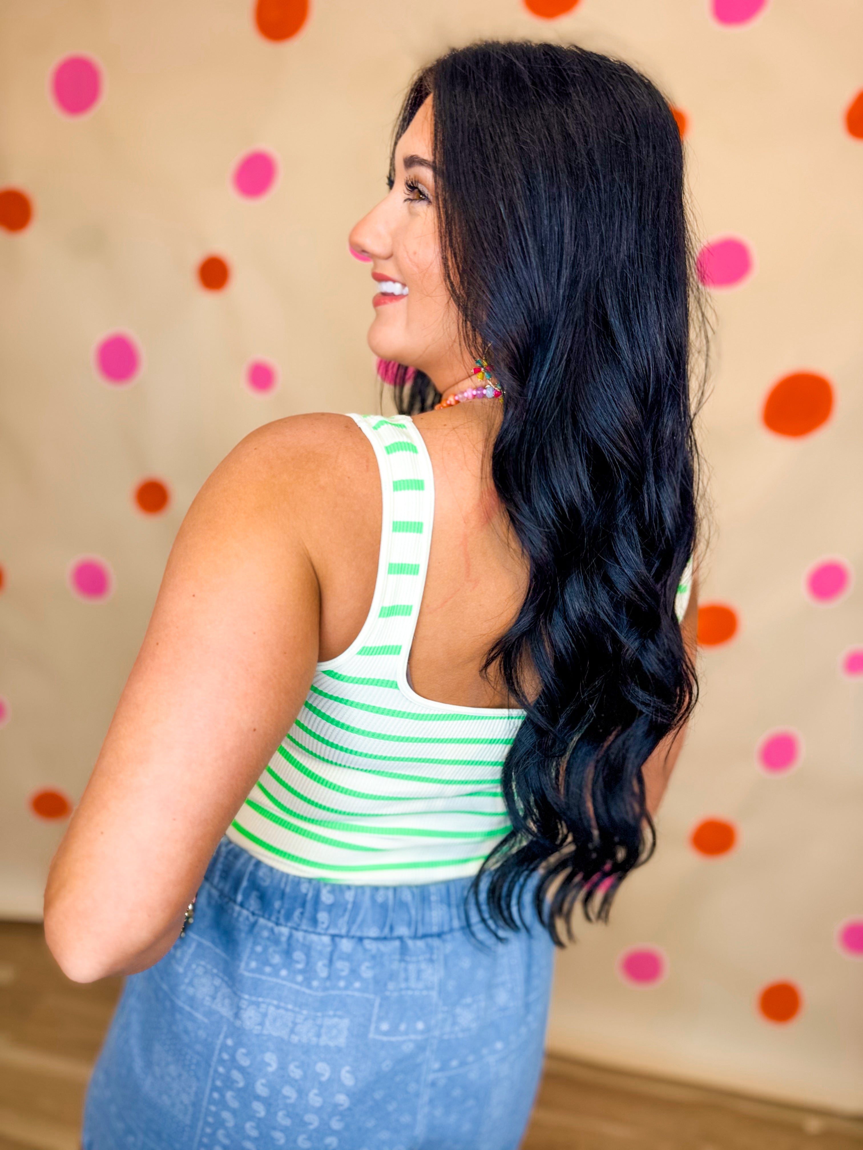 Striped Seamless Ribbed Bodysuit - Cream Apple Green - Lace and Grace Boutique