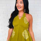 Smocked Border Print Maxi Dress - Olive Palm - Lace and Grace Boutique