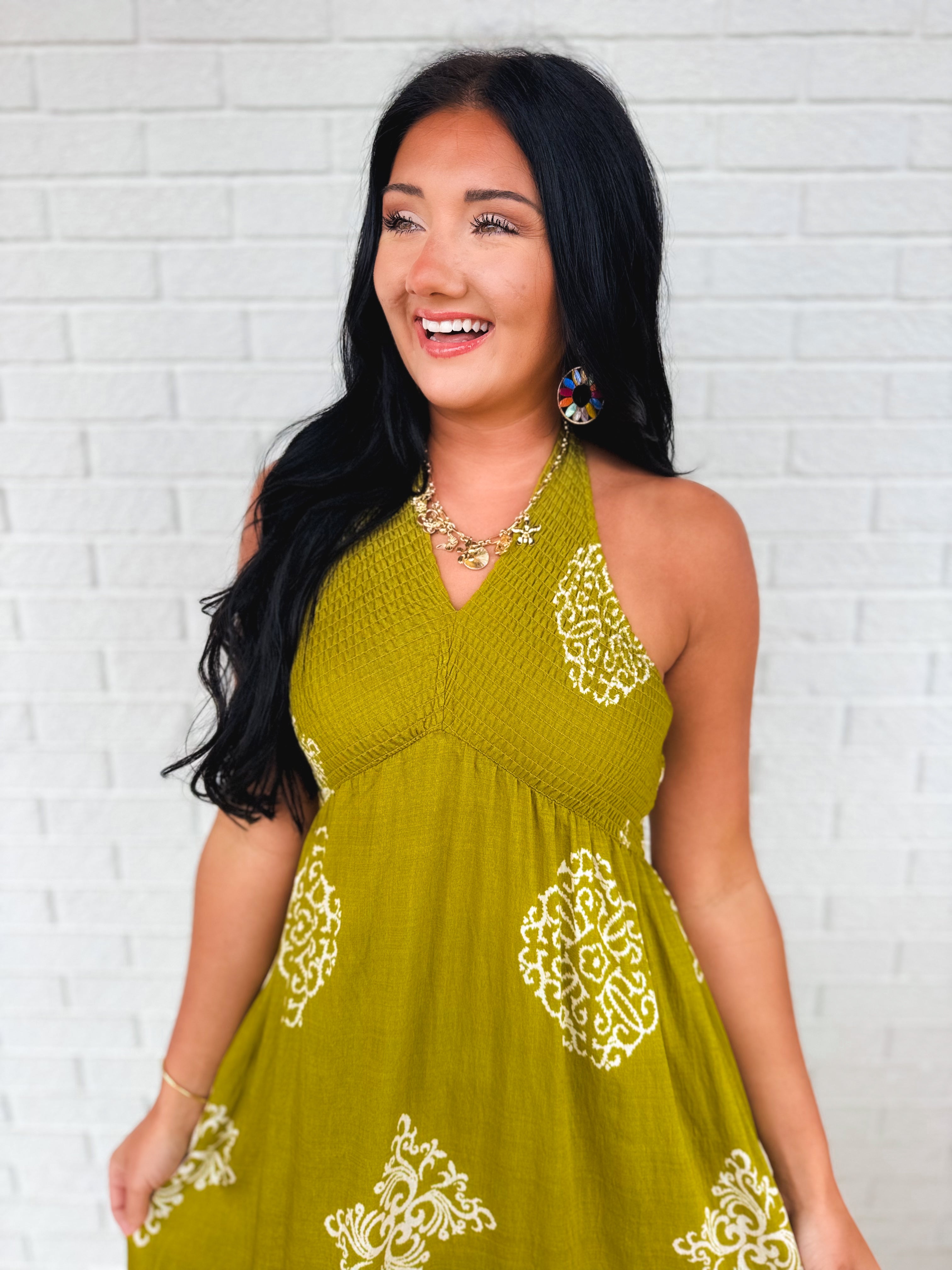 Smocked Border Print Maxi Dress - Olive Palm - Lace and Grace Boutique