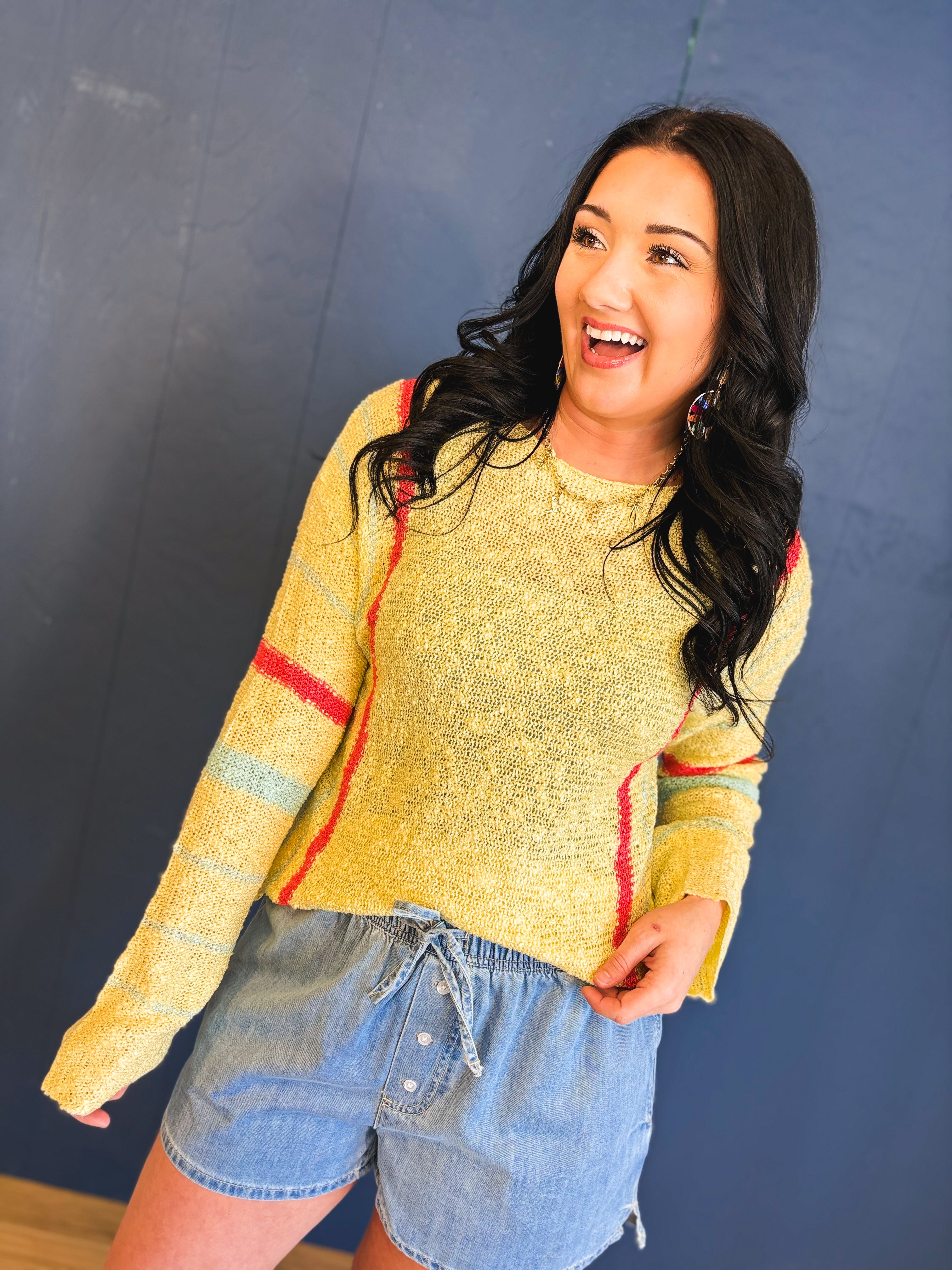 Multicolor Striped Lightweight Sweater - Butter/Papaya - Lace and Grace Boutique