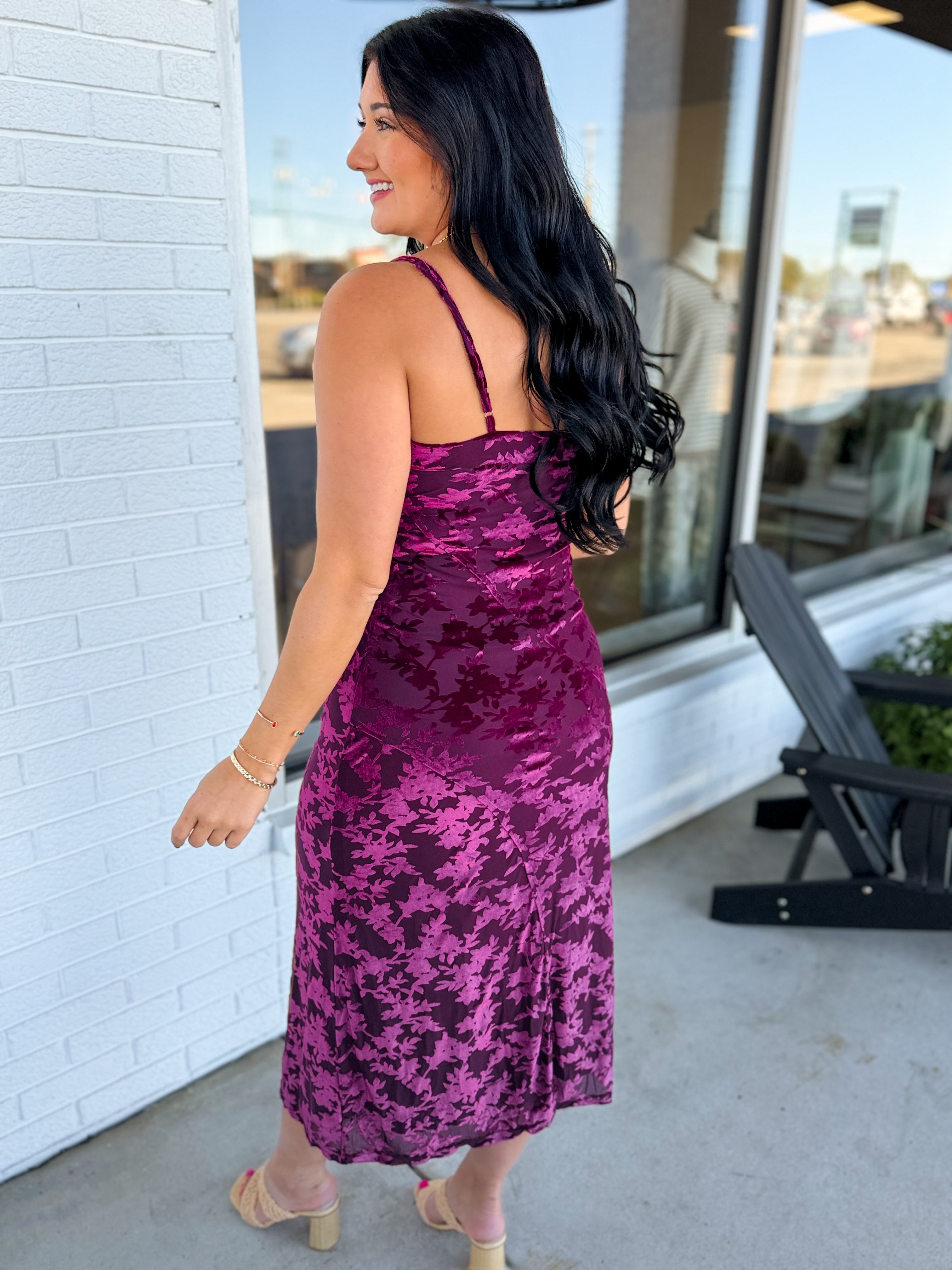 Burnout Velvet Spaghetti Strap Midi Dress - Burgundy - Lace and Grace Boutique