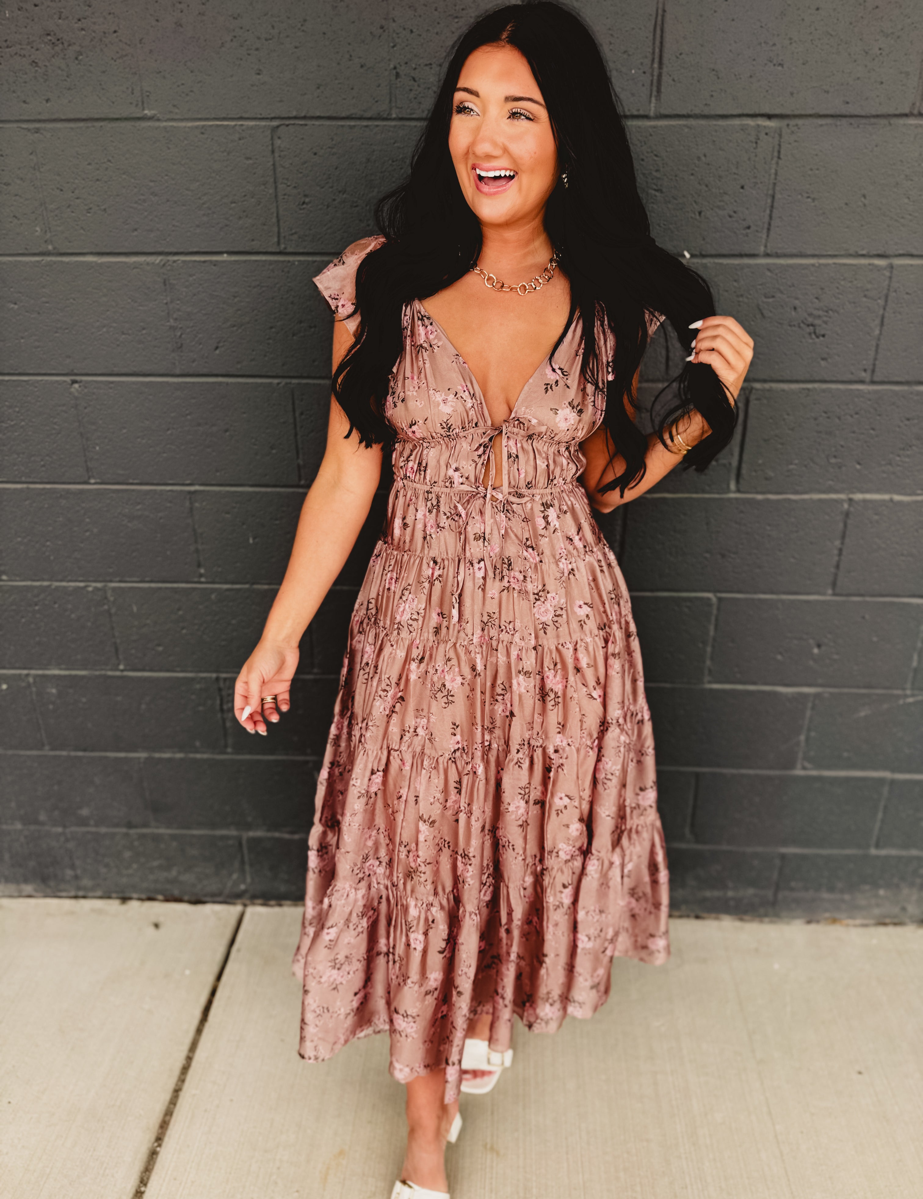 Floral Front Tie Tiered Midi Dress - Mauve - Lace and Grace Boutique
