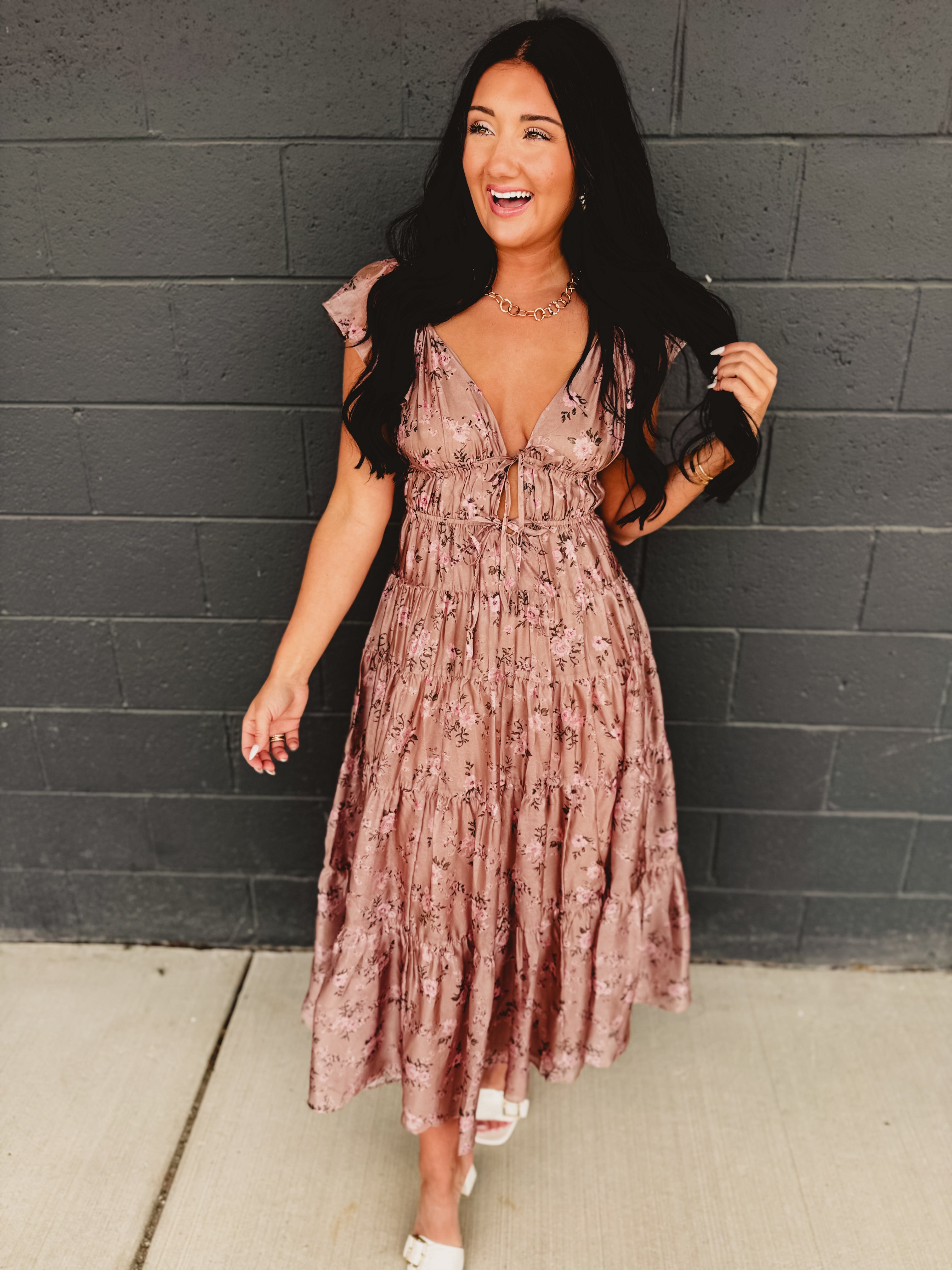 Floral Front Tie Tiered Midi Dress - Mauve - Lace and Grace Boutique