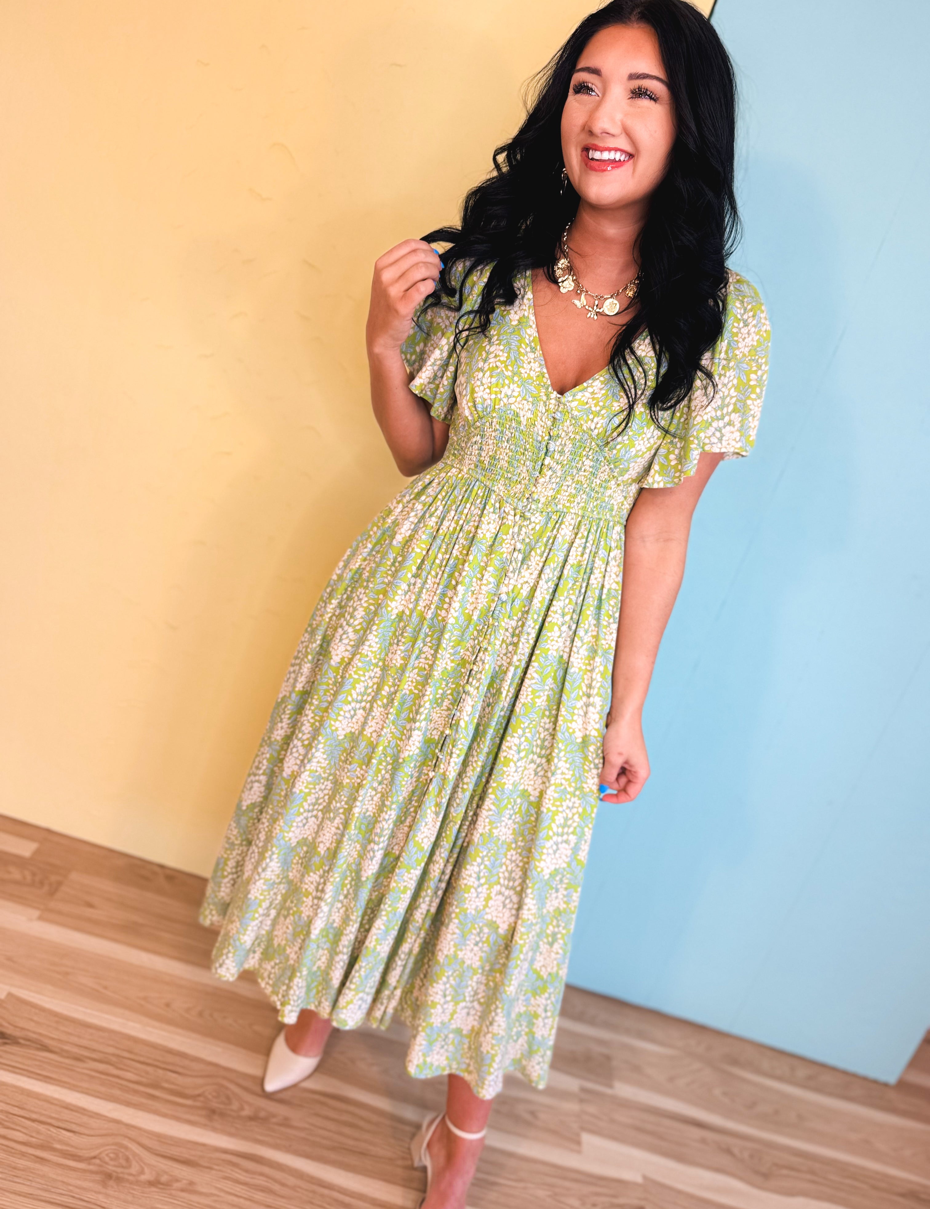 Smocked Waist Button Down Floral Maxi Dress - Fern - Lace and Grace Boutique