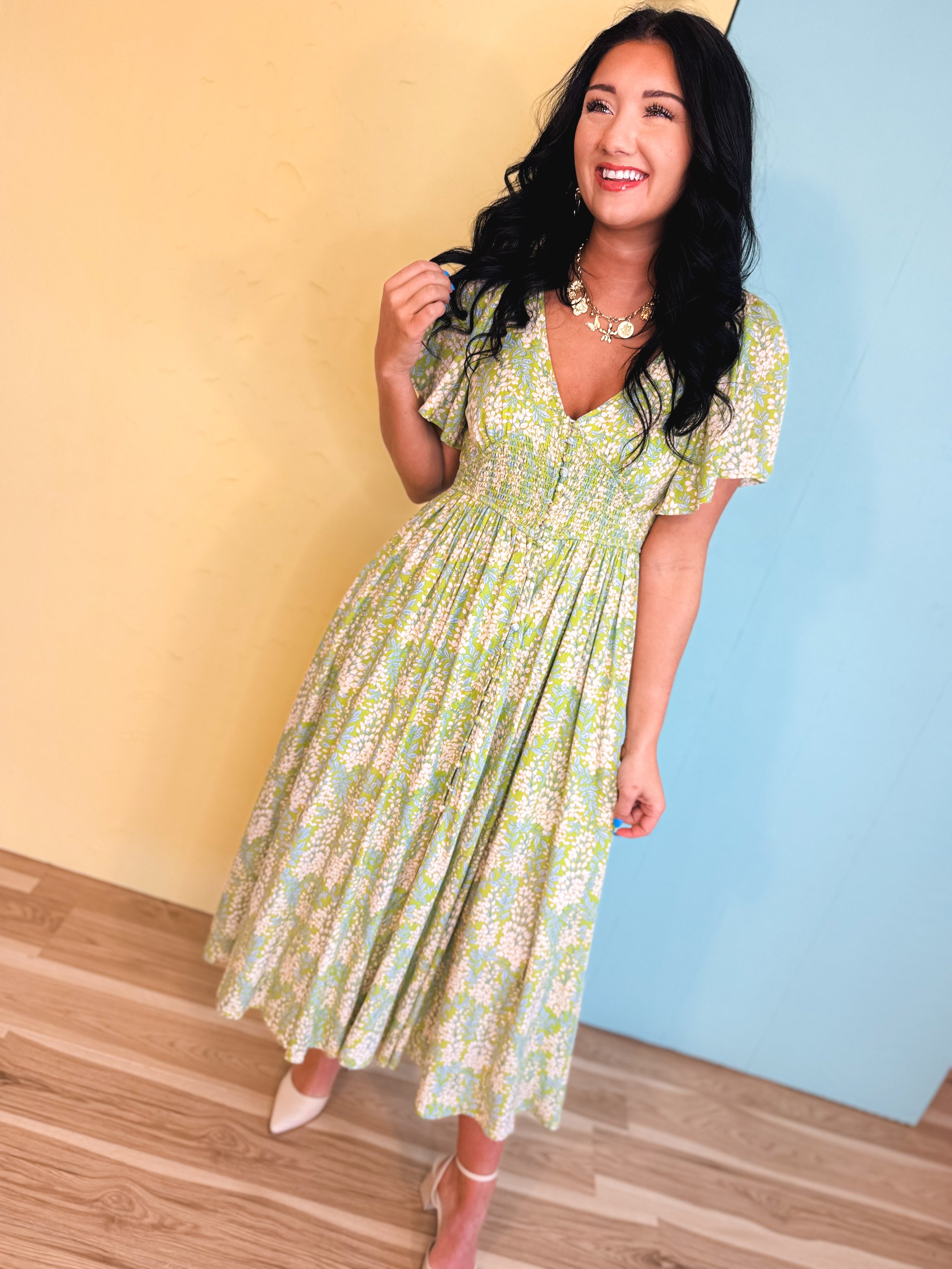 Smocked Waist Button Down Floral Maxi Dress - Fern - Lace and Grace Boutique
