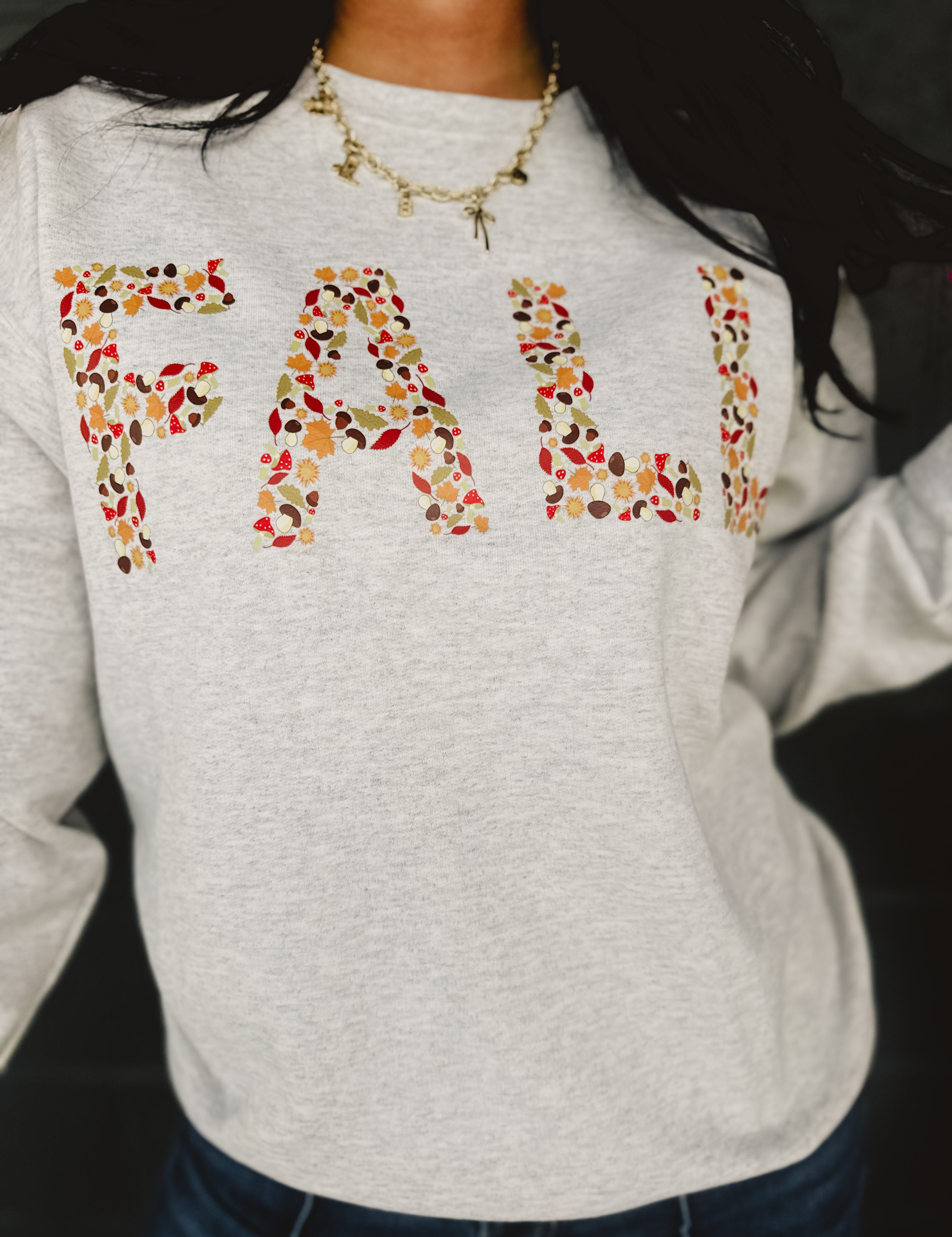 "Fall" graphic crewneck heather grey sweatshirt.
