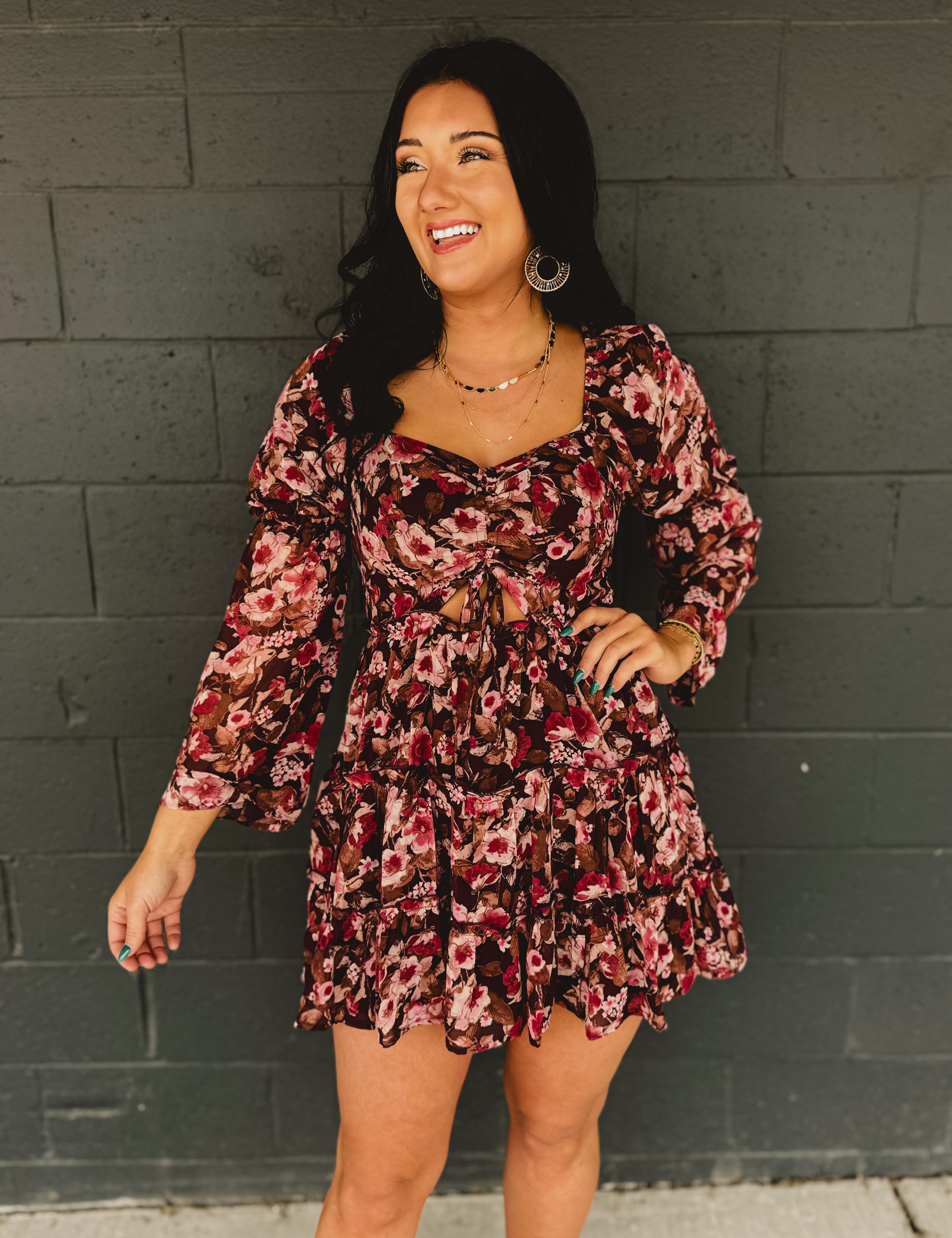 Tiered floral front cutout bell sleeve mini dress in pink/brown.