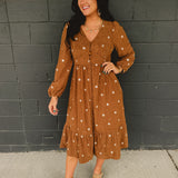 Button up brown corduroy long sleeve maxi dress with floral embroider.
