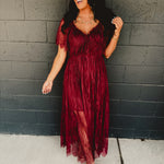 Short sleeve v-neck maxi lace overlay dress in the color wine.