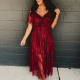 Short sleeve v-neck maxi lace overlay dress in the color wine.
