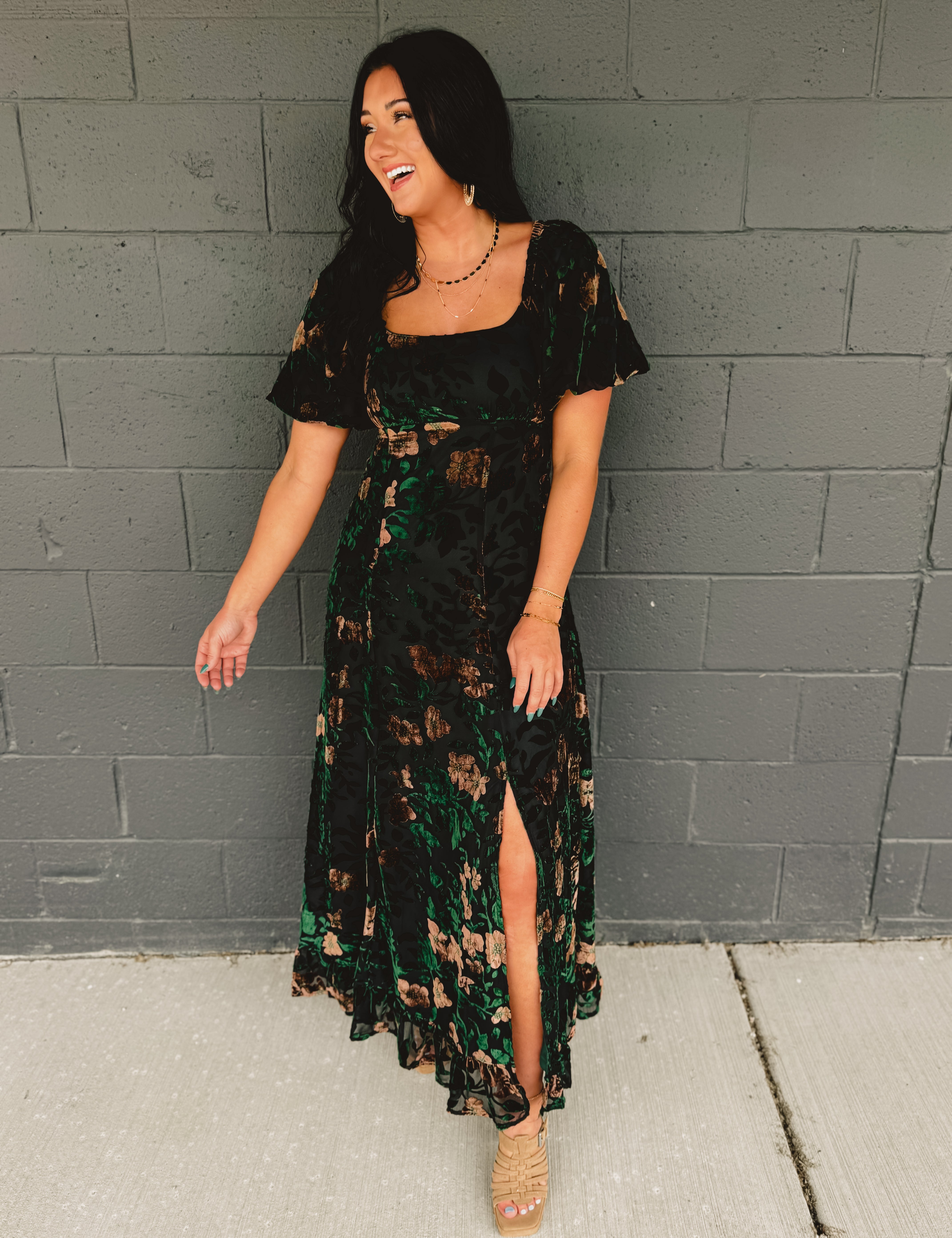 Velvet puff sleeve and high front slit maxi dress in black floral.