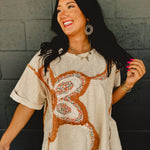 Short sleeved flower patch oversized top with drop shoulders and patchwork detail in natural multi.