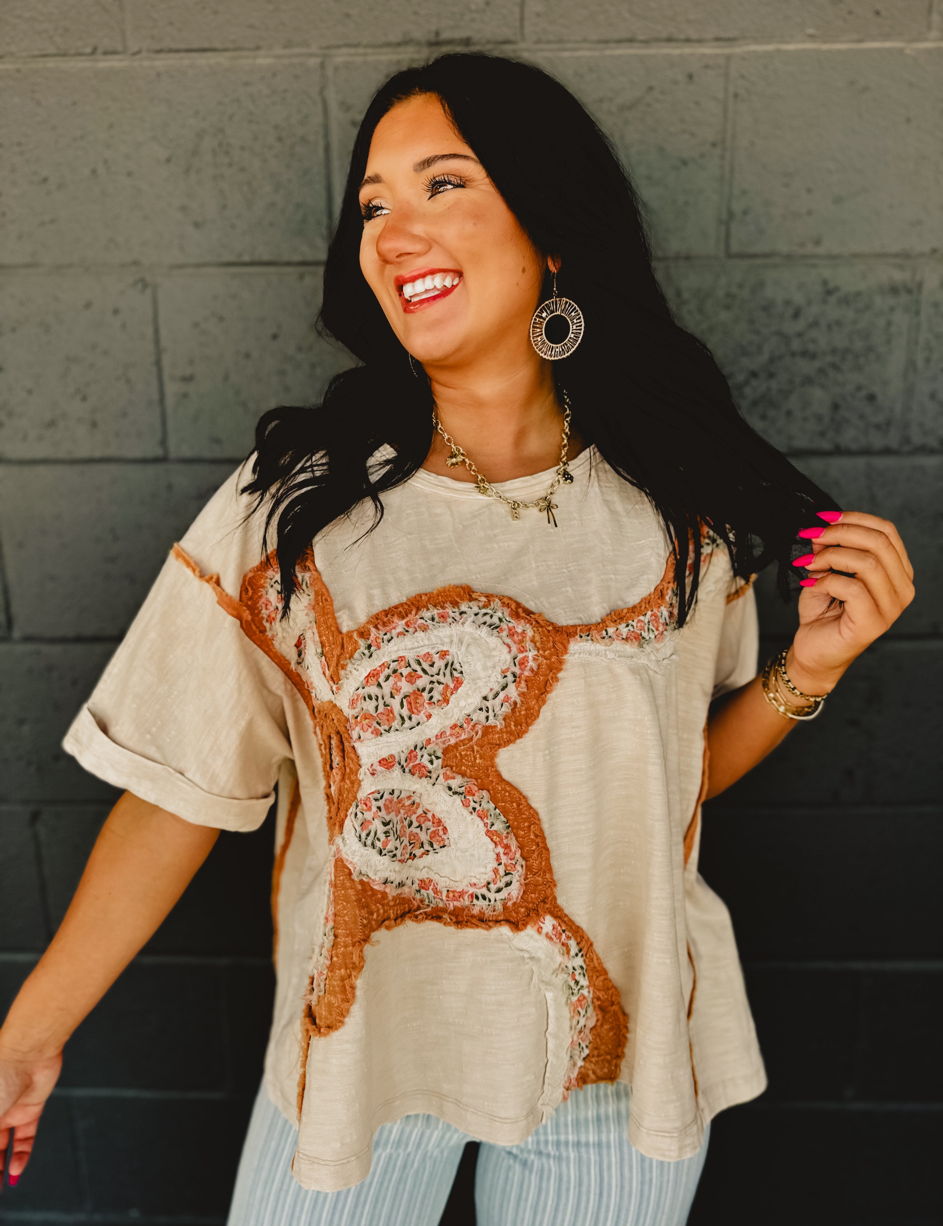 Short sleeved flower patch oversized top with drop shoulders and patchwork detail in natural multi.