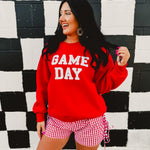 "Game Day" patch lettered red round neck sweatshirt.