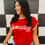 Glitter rope "Gameday" lettering on a red sweater tank with white trim contrast and a round neckline.