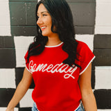 Glitter rope "Gameday" lettering on a red sweater tank with white trim contrast and a round neckline.