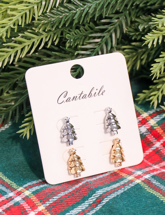 Gold and silver set of 2 tree stud earrings.