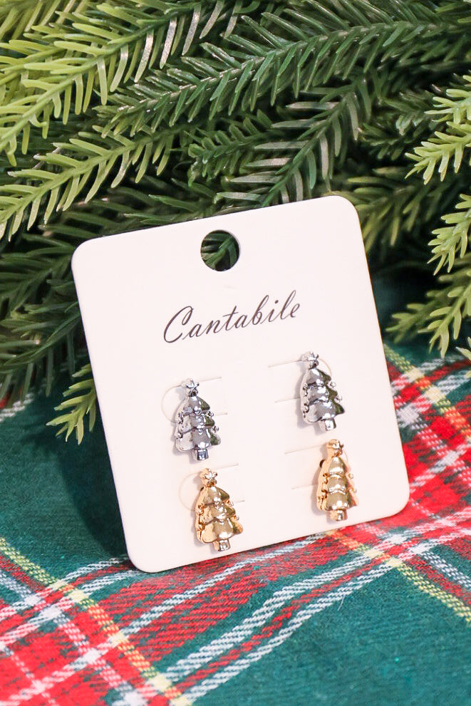 Gold and silver set of 2 tree stud earrings.