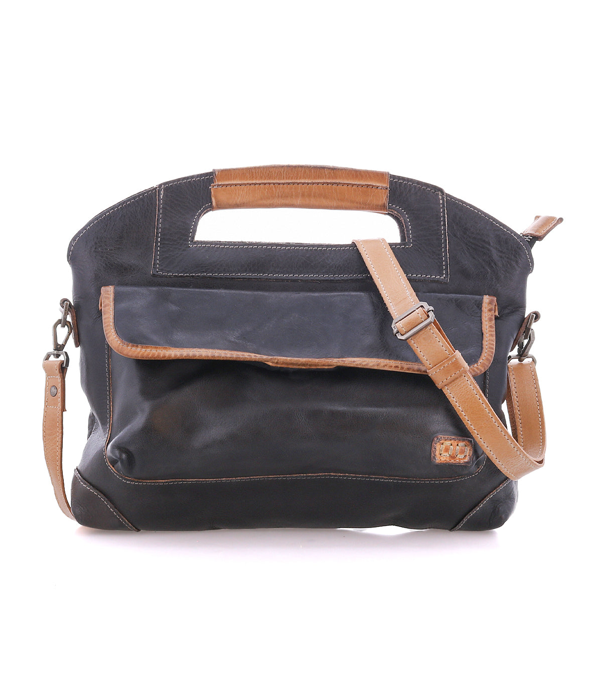 BedStu Greenway crossbody bag in black leather with oats rustic trim, showing the front pocket and adjustable crossbody strap