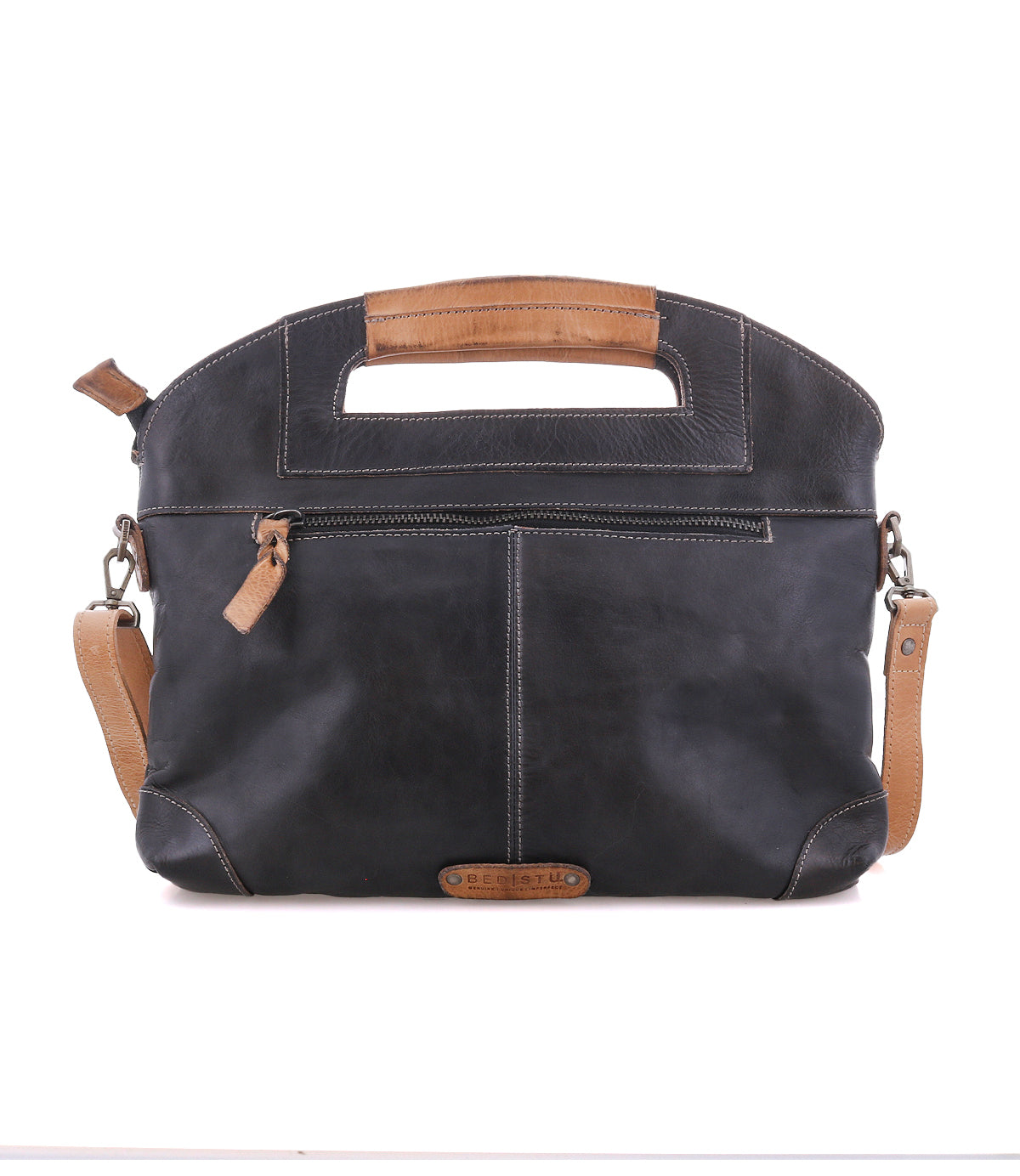 Black Greenway with tan leather handles, exterior zip pocket, and zip-top closure