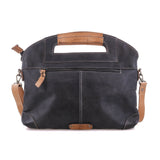 Black Greenway with tan leather handles, exterior zip pocket, and zip-top closure