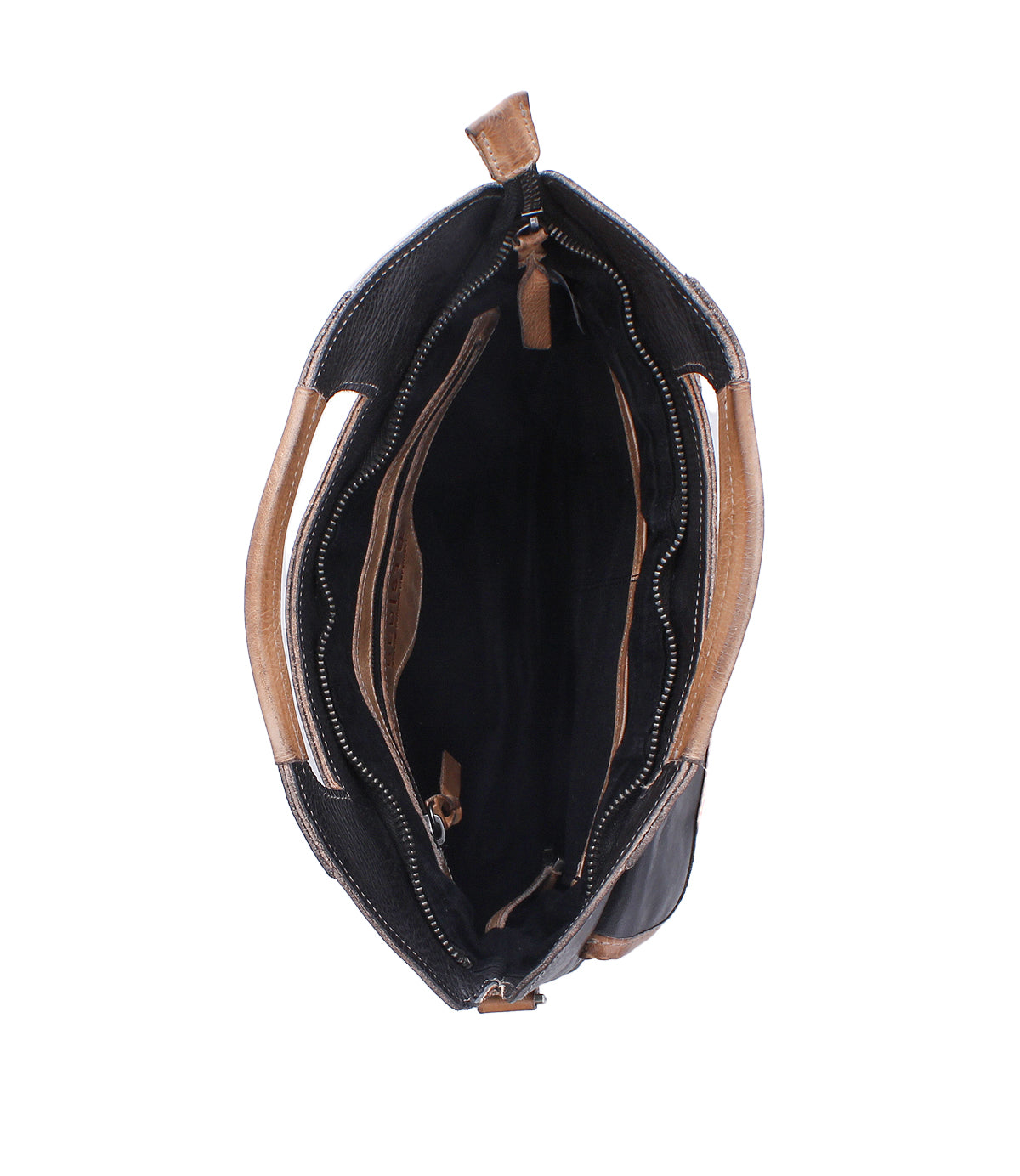 Open black Greenway showing the organic cotton lining, interior zip pocket, and slip pockets