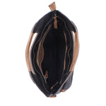 Open black Greenway showing the organic cotton lining, interior zip pocket, and slip pockets