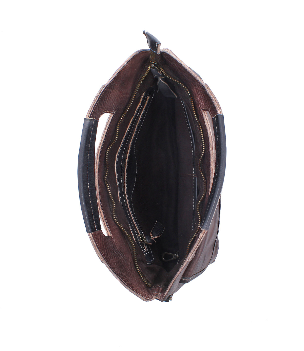 Open teak Greenway showing the organic cotton lining, interior zip pocket, and slip pockets