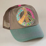Natural Life Canvas Trucker Hat - Teal Peace Sign - Lace and Grace Boutique