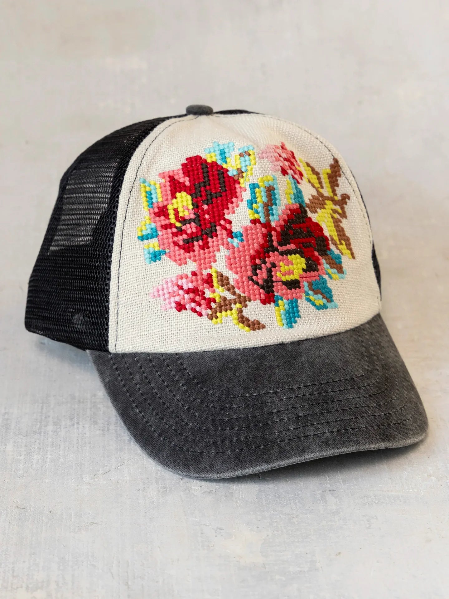 Natural Life Needlepoint Trucker Hat - Flower - Lace and Grace Boutique