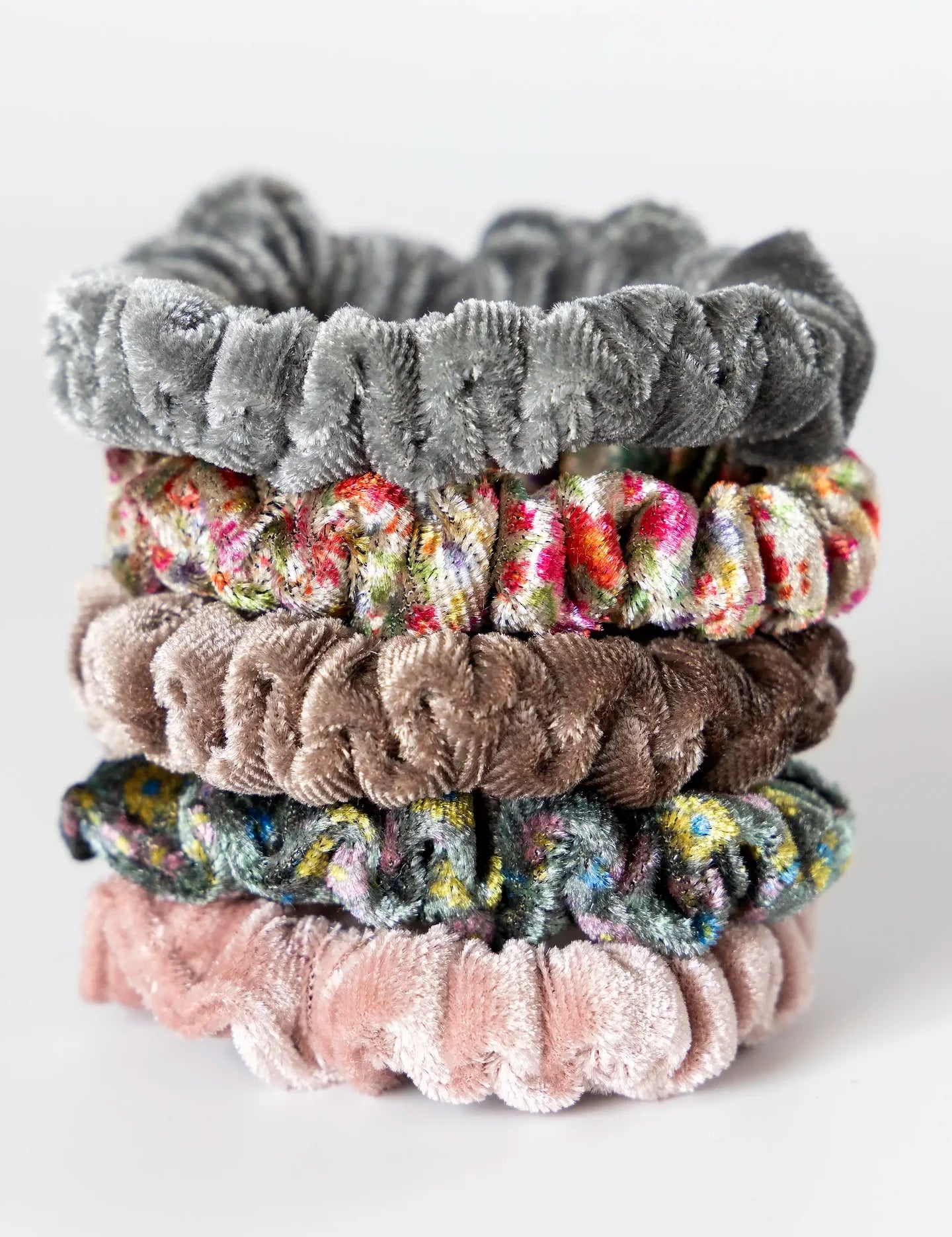 Natural Life Velvet Scrunchies, Set of 5 - Light Grey - Lace and Grace Boutique