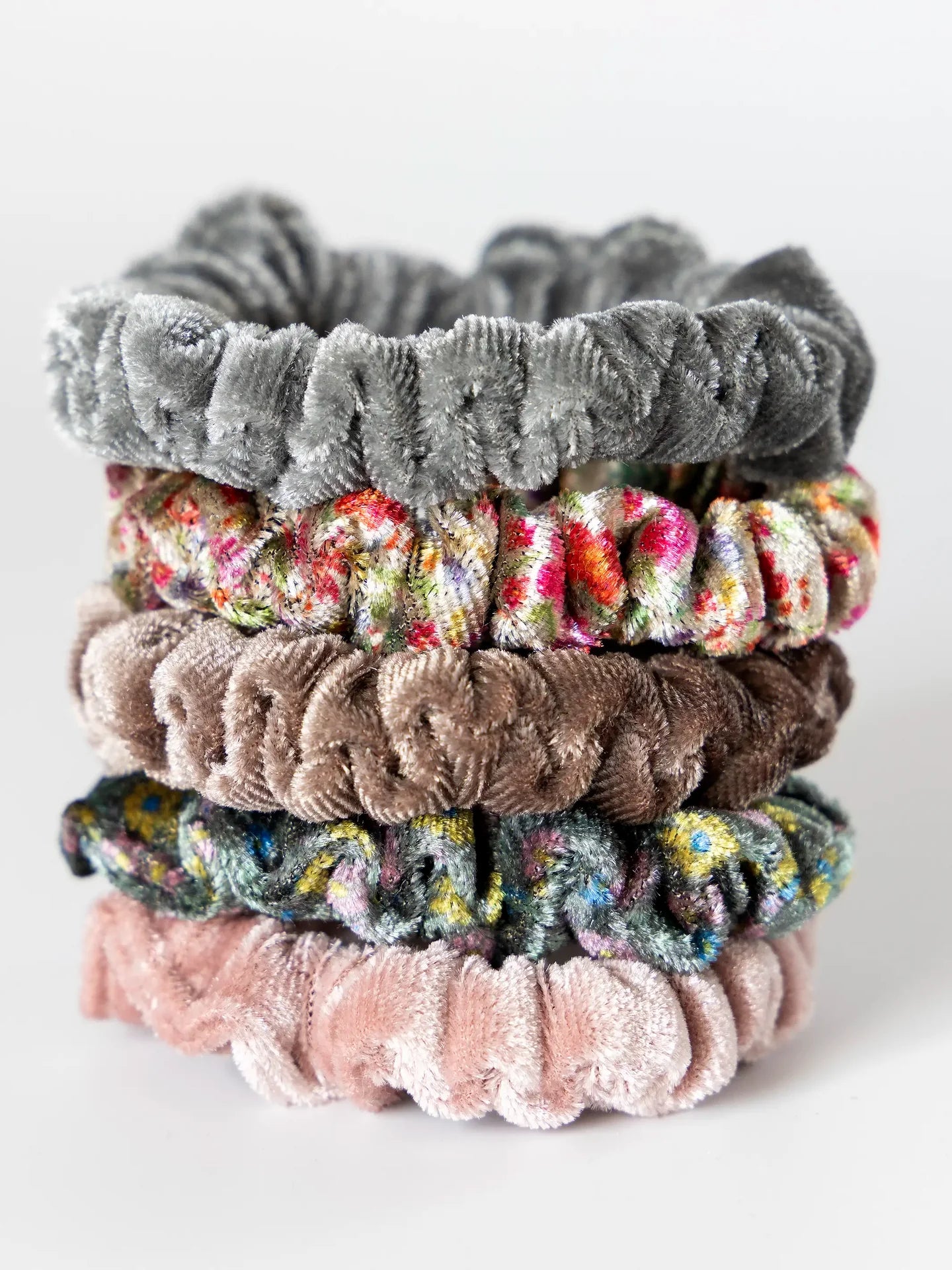 Natural Life Velvet Scrunchies, Set of 5 - Light Grey - Lace and Grace Boutique