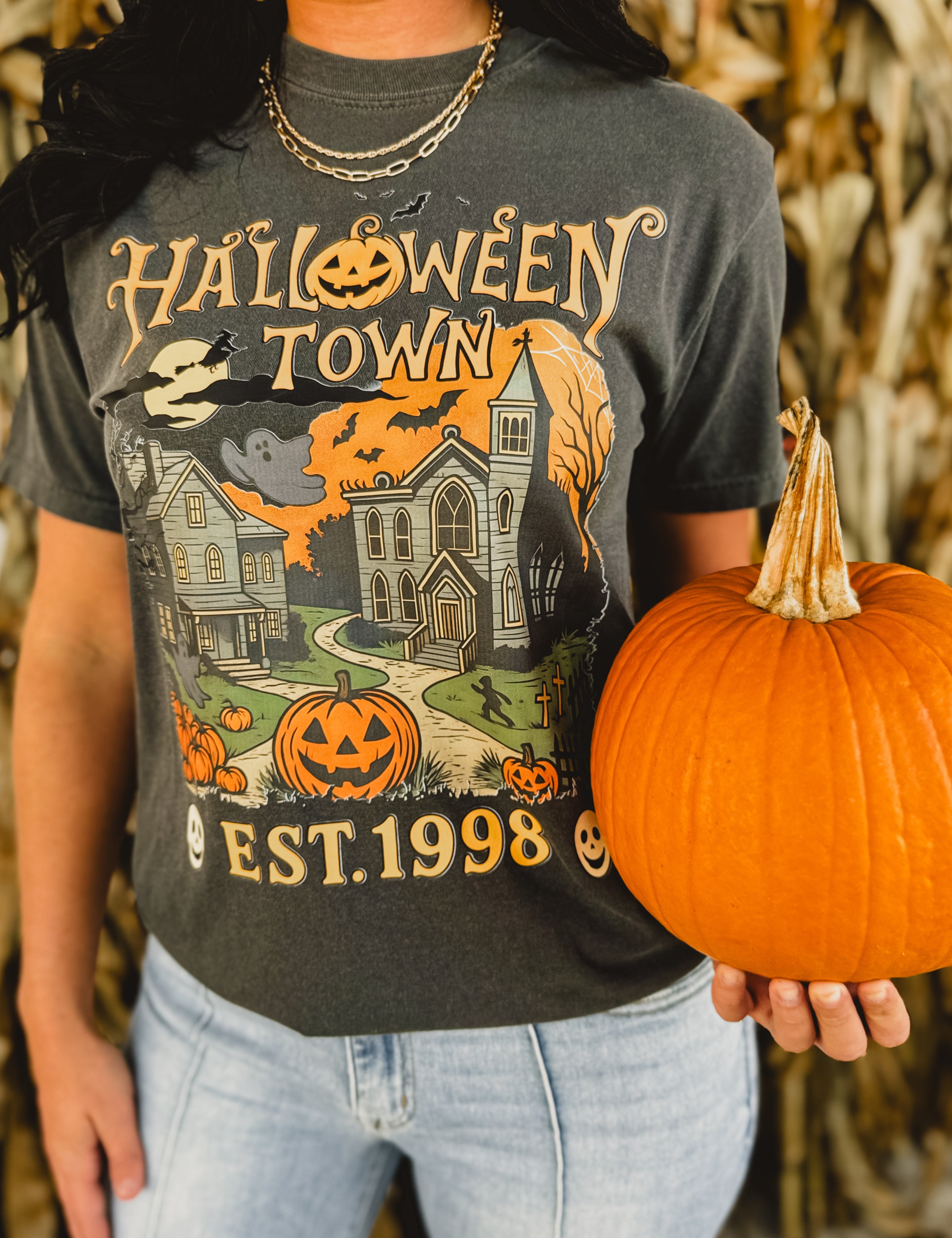 Halloweentown grey graphic tee with a round neckline and short sleeves.