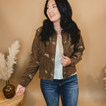 Floral Embroidered Corduroy Button Down Jacket - Brown - Lace and Grace Boutique