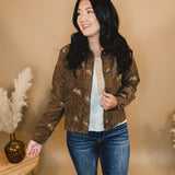 Floral Embroidered Corduroy Button Down Jacket - Brown - Lace and Grace Boutique