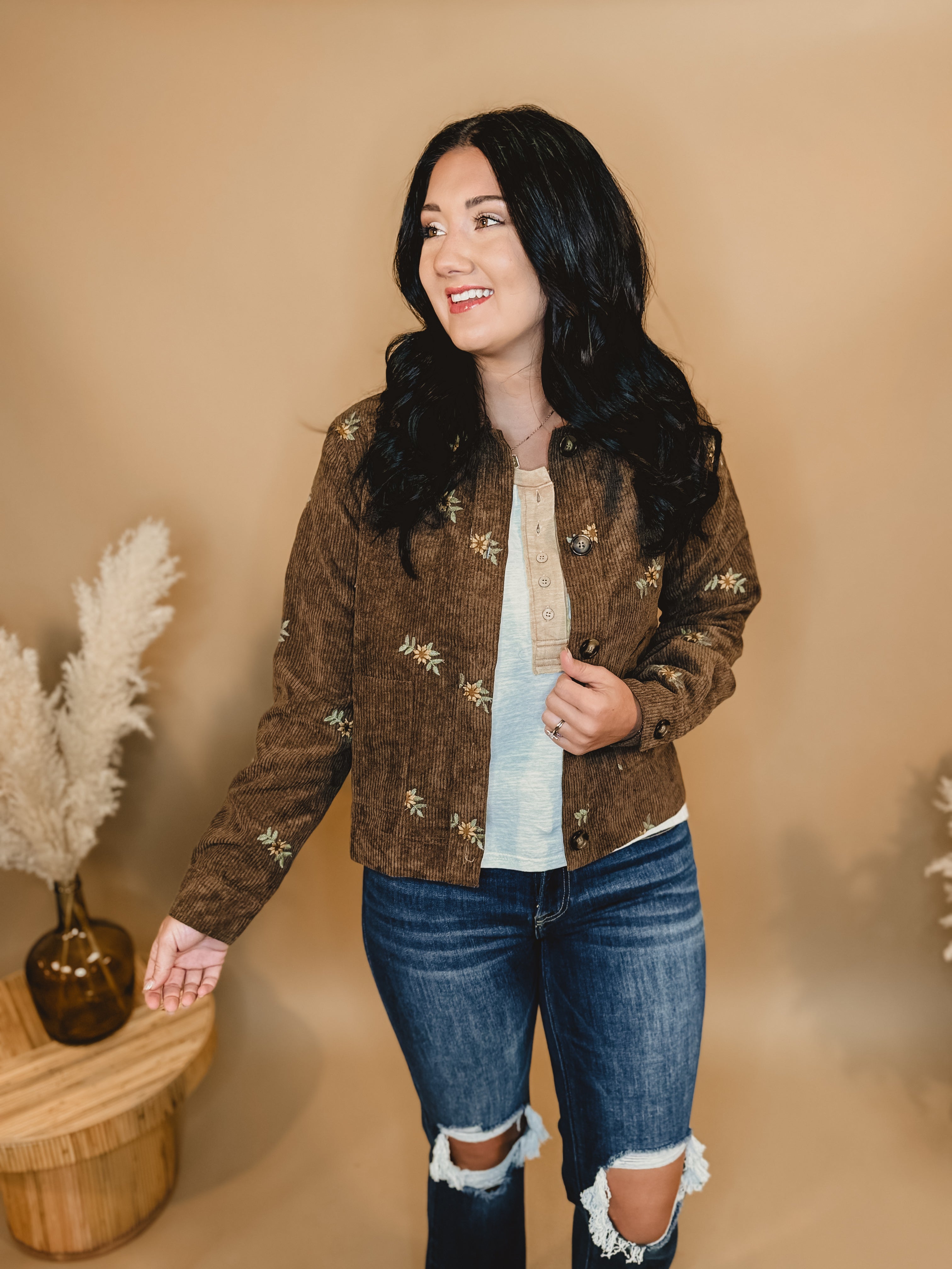 Floral Embroidered Corduroy Button Down Jacket - Brown - Lace and Grace Boutique