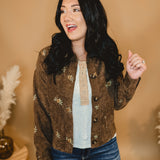 Floral Embroidered Corduroy Button Down Jacket - Brown - Lace and Grace Boutique