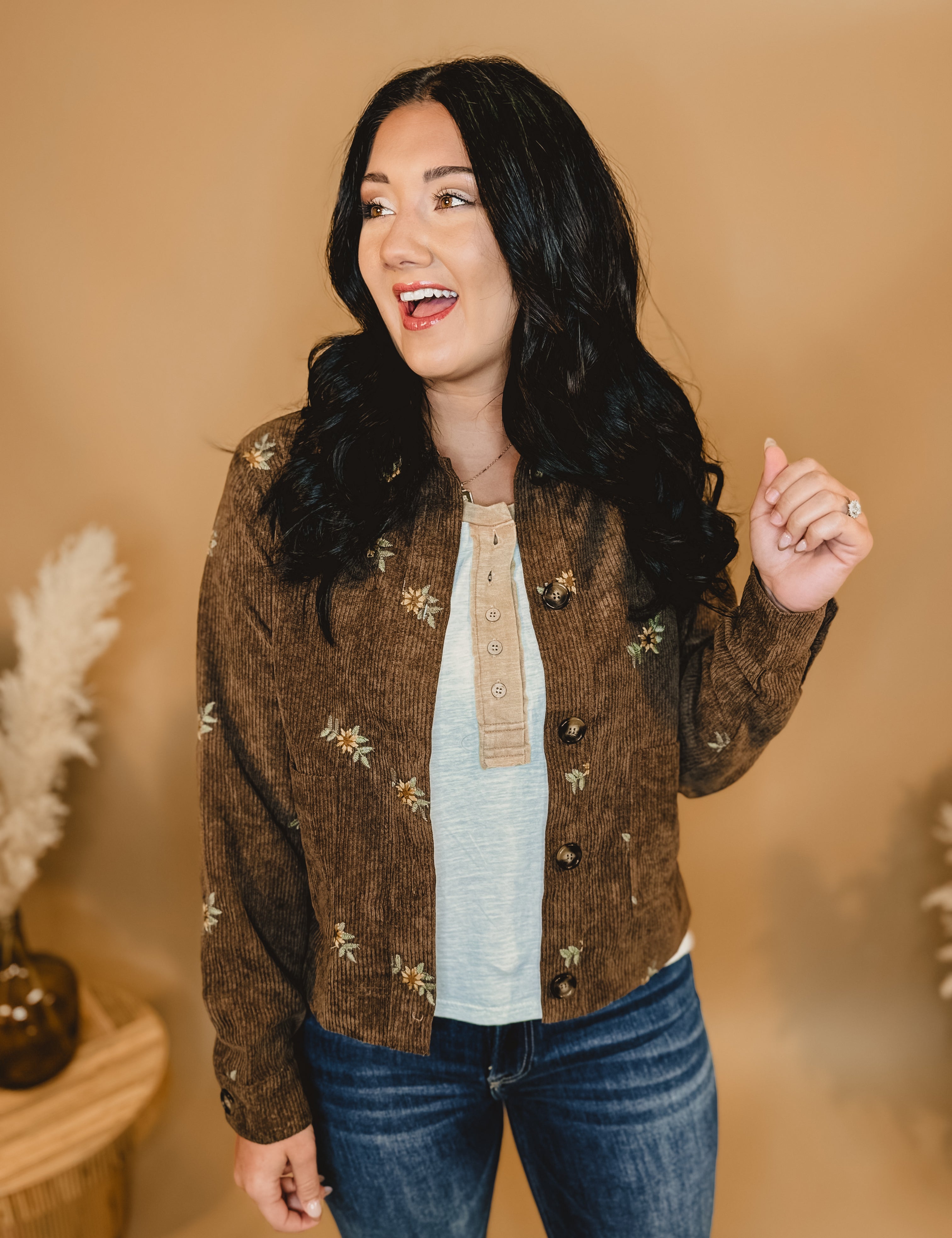 Floral Embroidered Corduroy Button Down Jacket - Brown - Lace and Grace Boutique