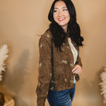 Floral Embroidered Corduroy Button Down Jacket - Brown - Lace and Grace Boutique