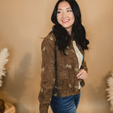 Floral Embroidered Corduroy Button Down Jacket - Brown - Lace and Grace Boutique