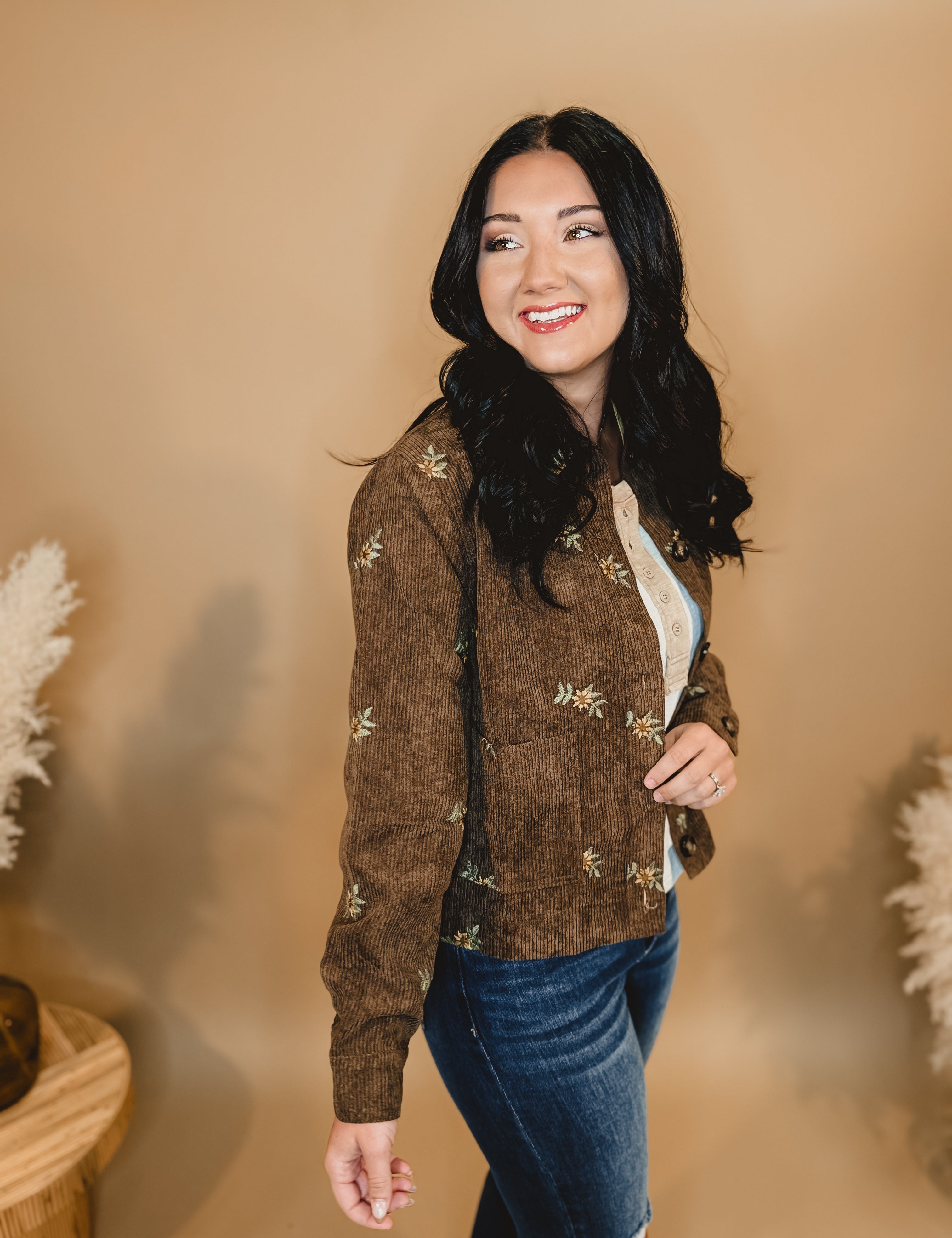 Floral Embroidered Corduroy Button Down Jacket - Brown - Lace and Grace Boutique