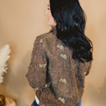 Floral Embroidered Corduroy Button Down Jacket - Brown - Lace and Grace Boutique