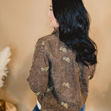 Floral Embroidered Corduroy Button Down Jacket - Brown - Lace and Grace Boutique