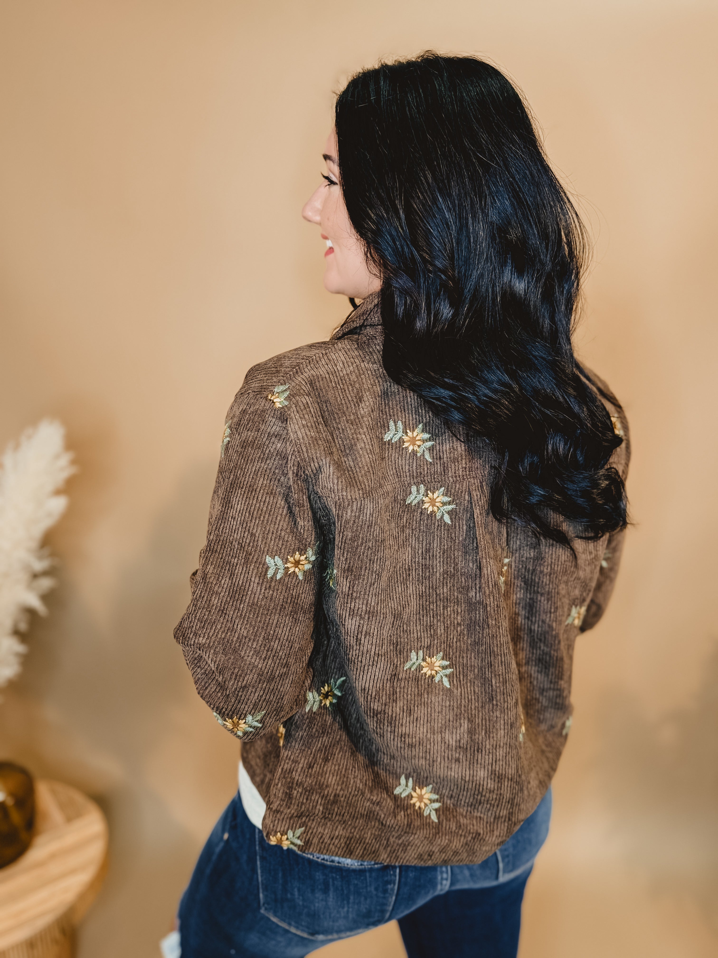 Floral Embroidered Corduroy Button Down Jacket - Brown - Lace and Grace Boutique