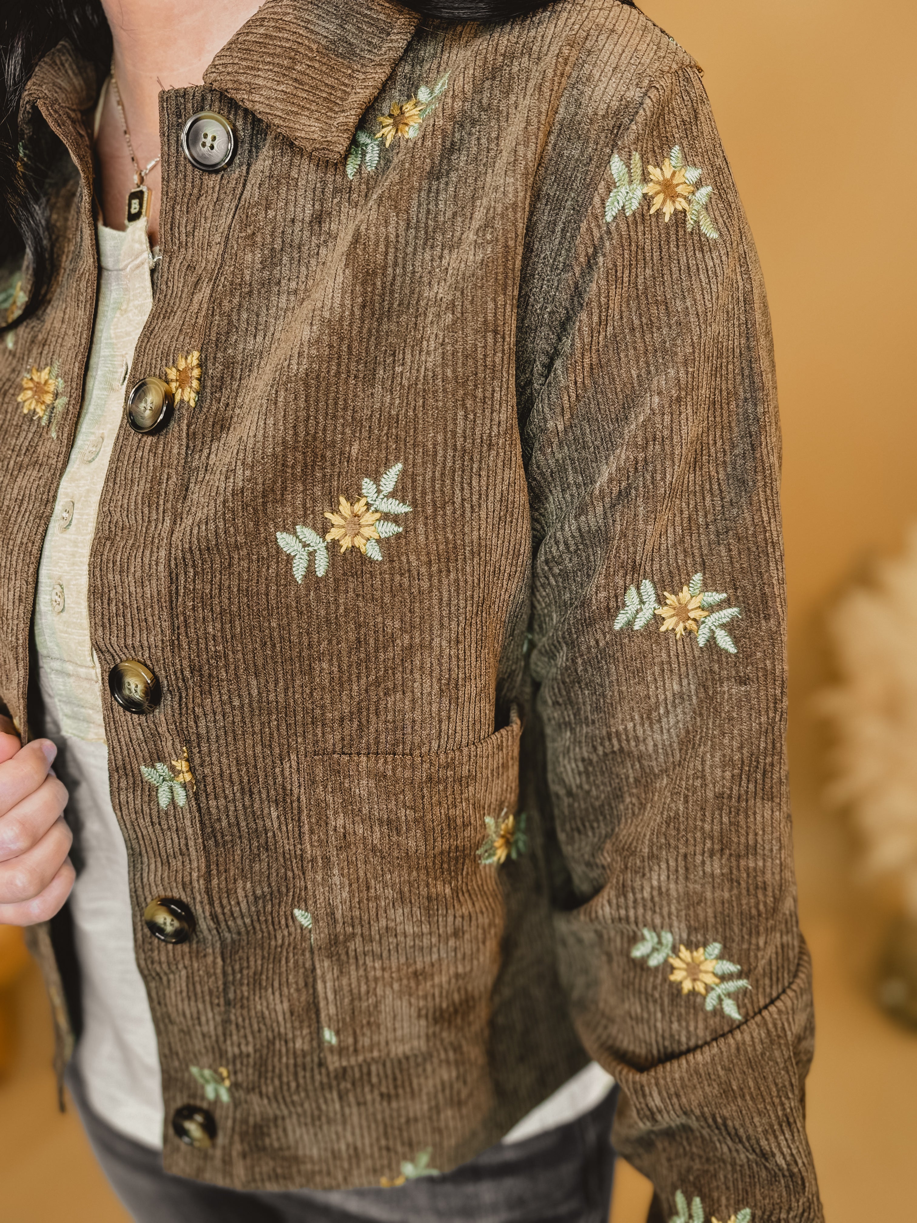 Floral Embroidered Corduroy Button Down Jacket - Brown - Lace and Grace Boutique