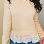 Lace Trimmed Ribbed Sweater Top - Cream - Lace and Grace Boutique