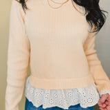 Lace Trimmed Ribbed Sweater Top - Cream - Lace and Grace Boutique