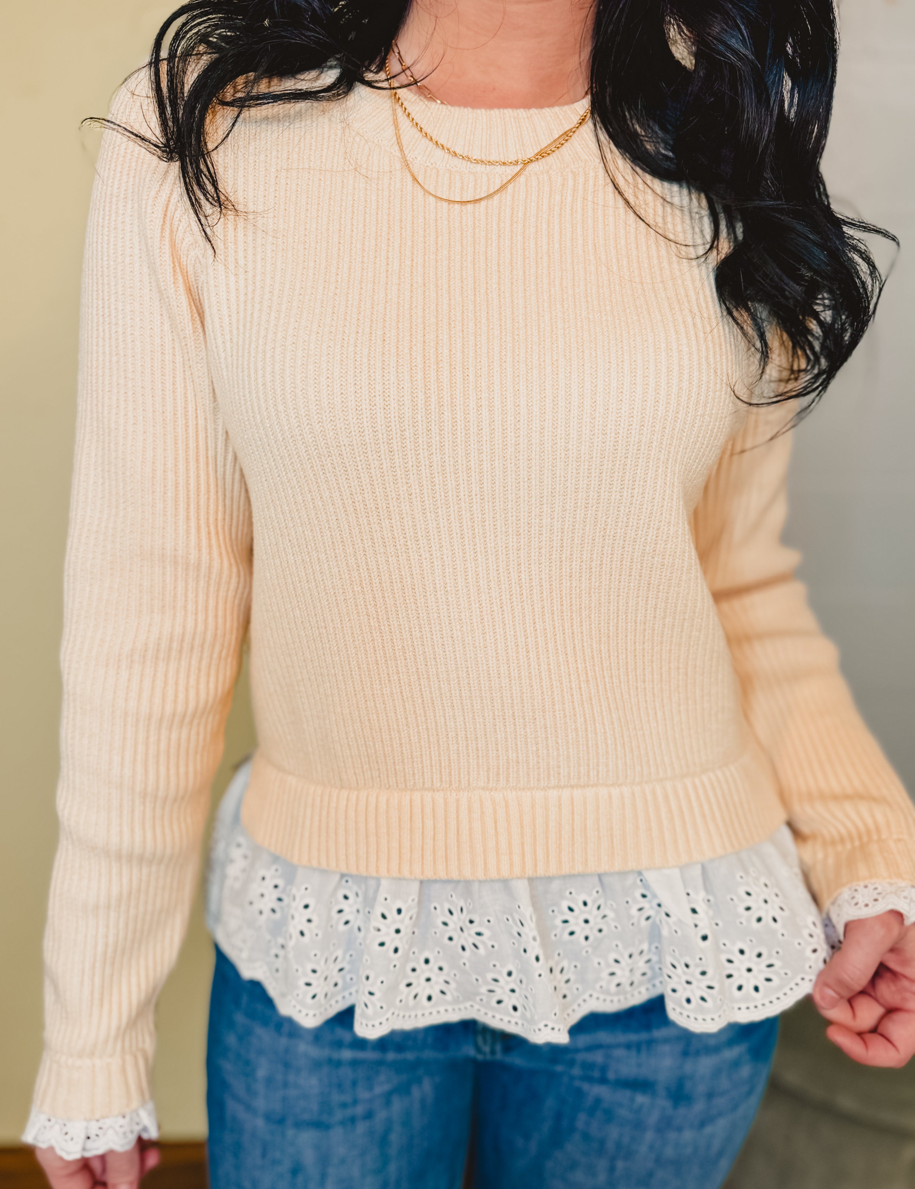 Lace Trimmed Ribbed Sweater Top - Cream - Lace and Grace Boutique