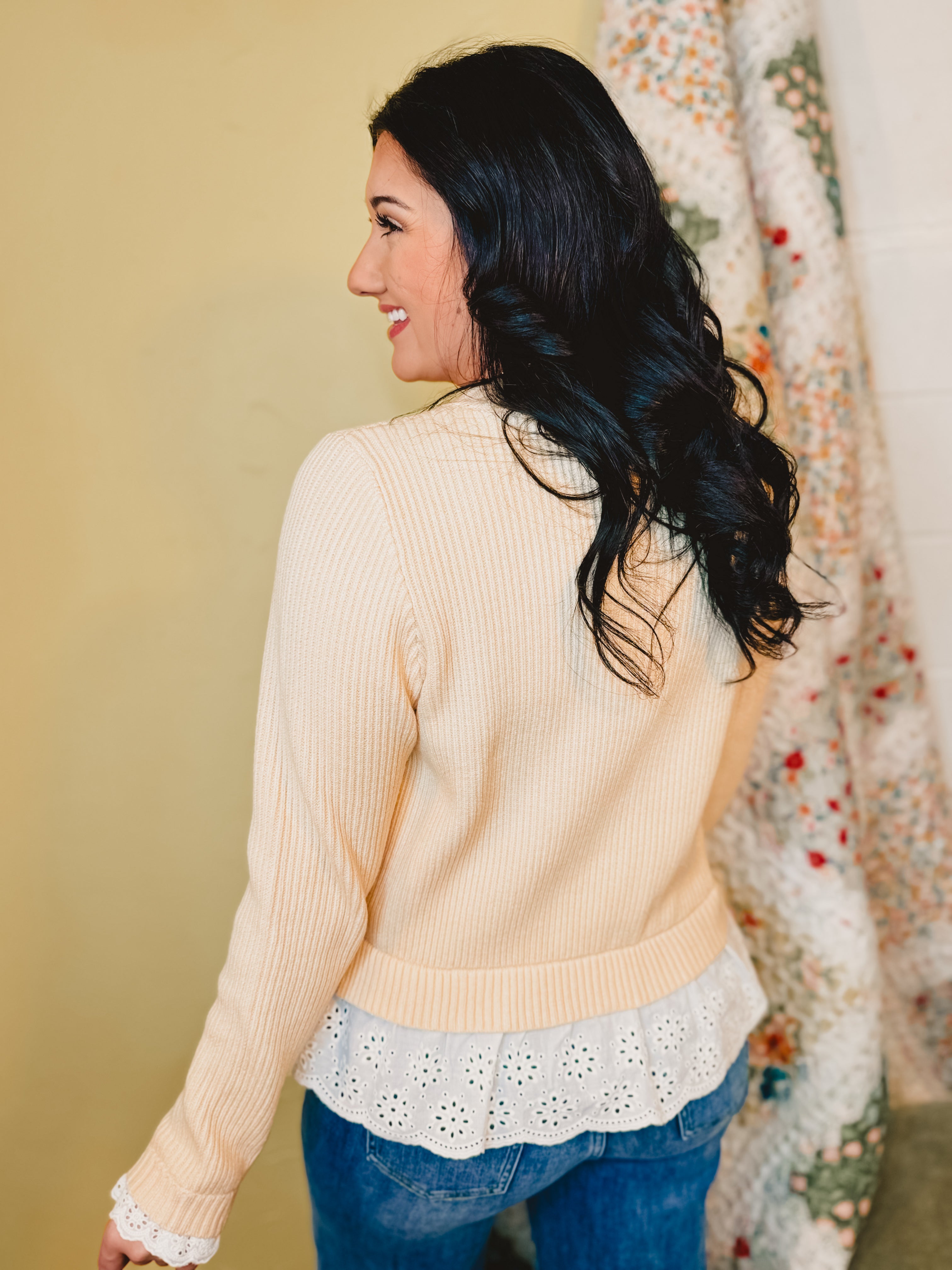 Lace Trimmed Ribbed Sweater Top - Cream - Lace and Grace Boutique